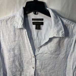 TAHARI Essentials Striped Blue Linen Button Front Tab Sleeve Women Shirt-Size S